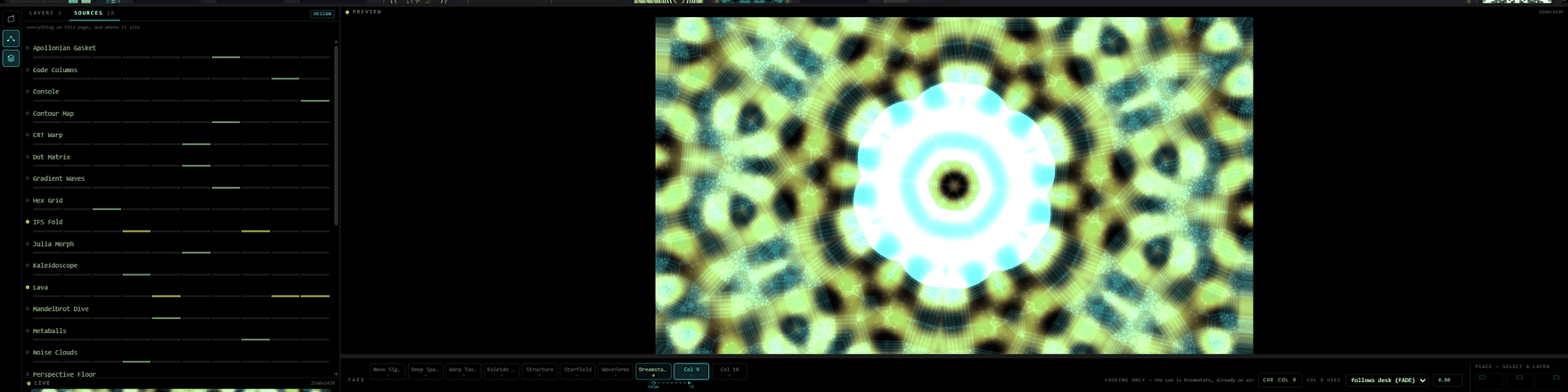 The Phaselight flight deck — a source map, a hop between two columns, and a grid of placement tiles
