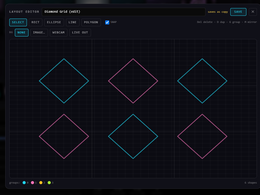 The projection-shapes layout editor with vector tools and a diamond grid