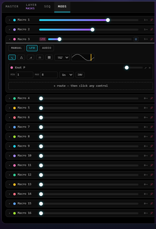 The modulation rack with 16 macros and an expanded LFO on Macro 2