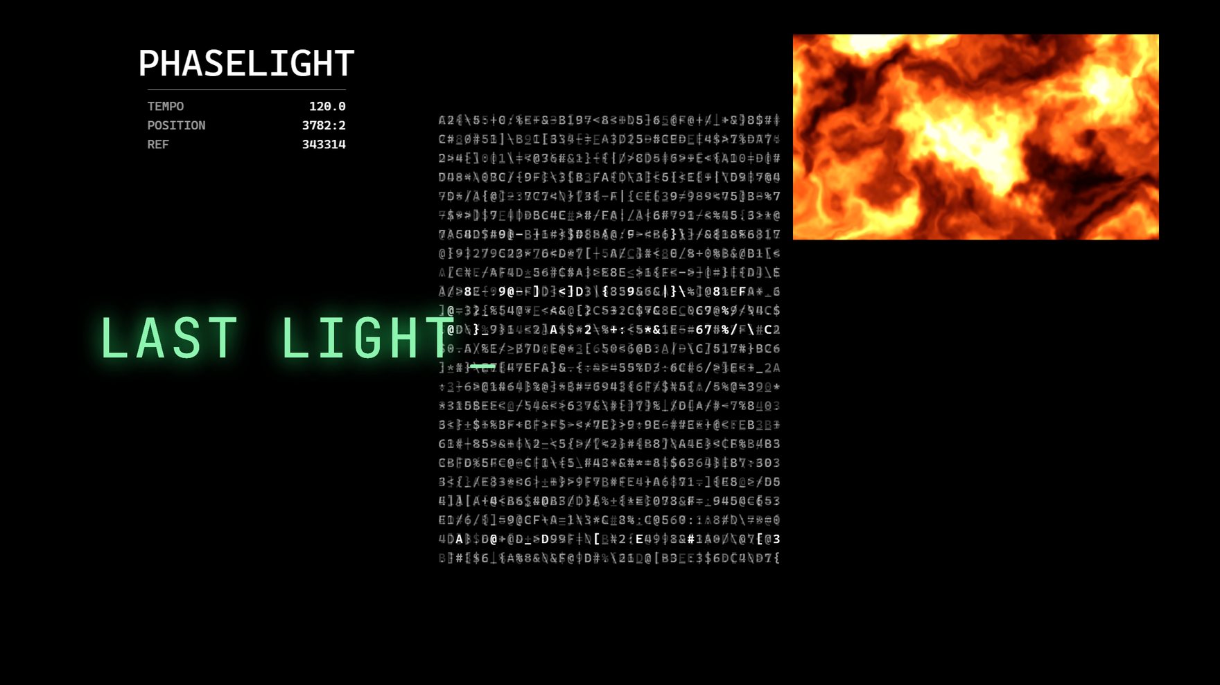 A Phaselight output frame built from instrument furniture — a tempo and position slate, a column of glyphs, and a corner-placed video panel