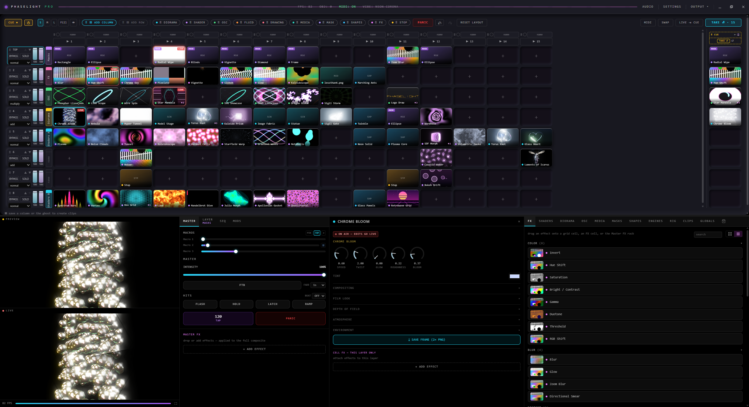 The Phaselight grid interface with populated cells, FX rack and dual preview